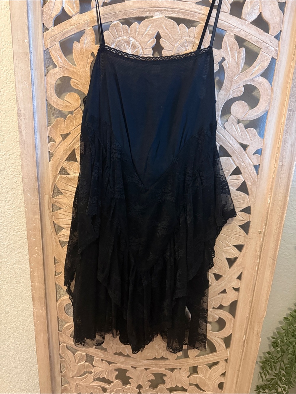 Free People Black Lace Slip Dress Ruffle Layered Boho Romantic